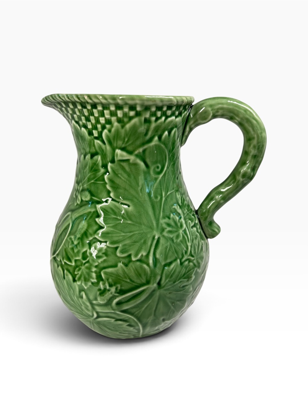 Bordallo Pinheiro Green Embossed Ceramic Pitcher with Leaf Motif